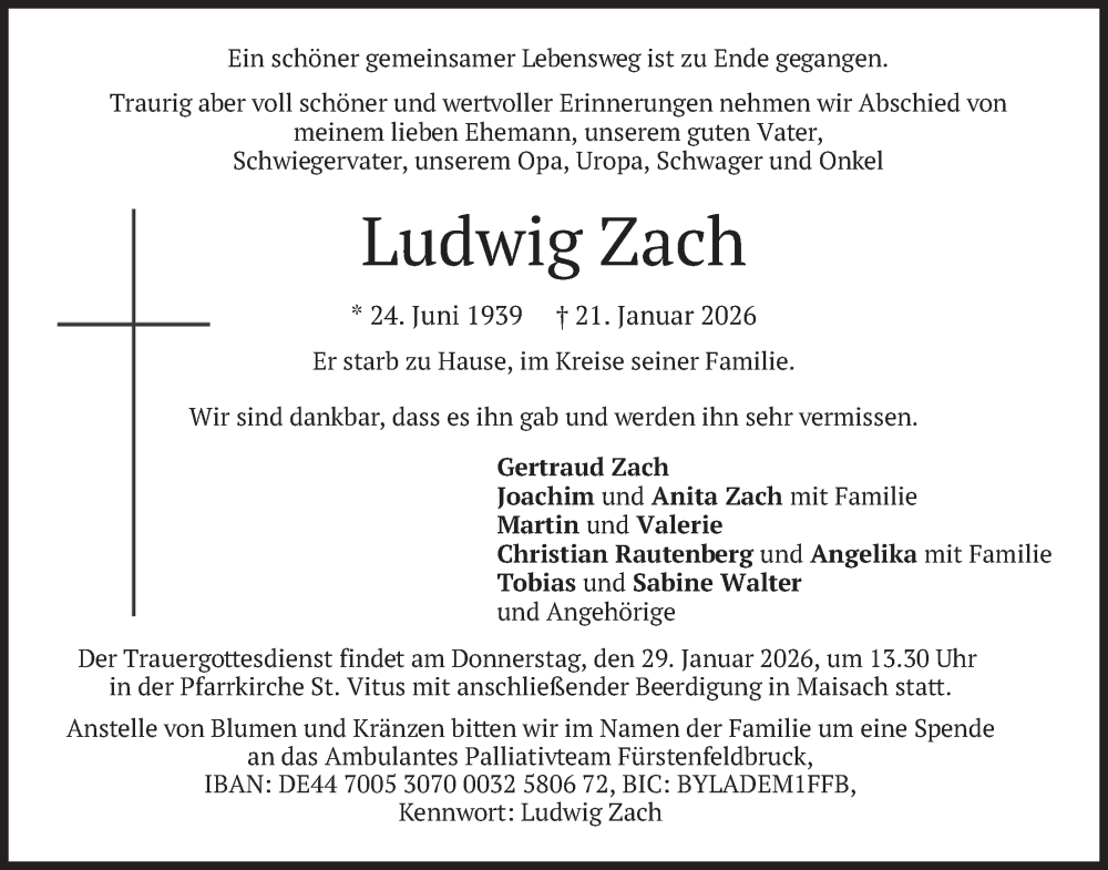  Traueranzeige für Ludwig Zach vom 24.01.2026 aus merkurtz