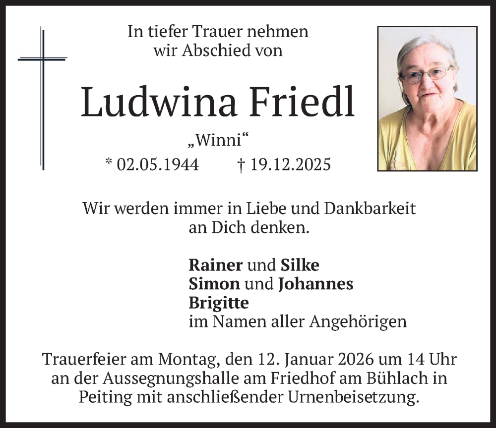  Traueranzeige für Ludwina Friedl vom 03.01.2026 aus merkurtz