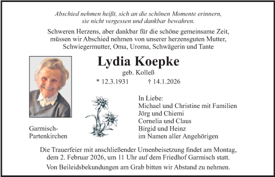 Traueranzeige von Lydia Koepke von merkurtz