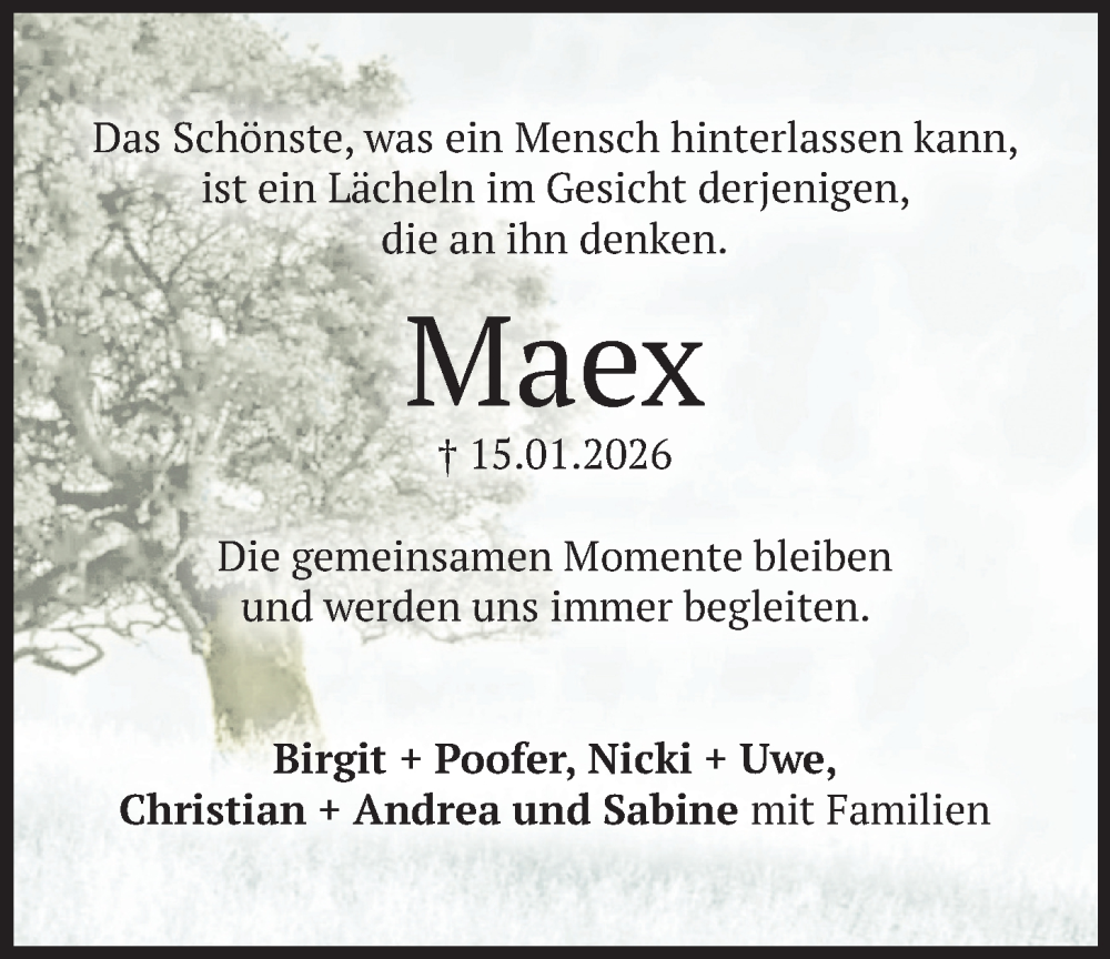  Traueranzeige für Maex  vom 30.01.2026 aus merkurtz