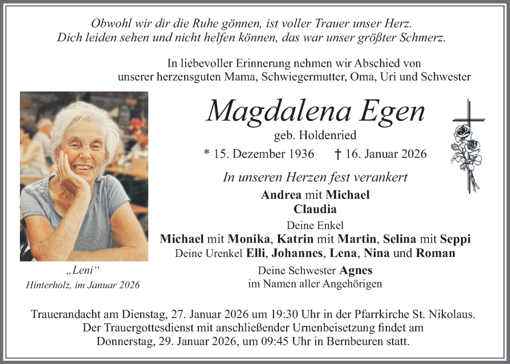  Traueranzeige für Magdalena Egen vom 23.01.2026 aus merkurtz