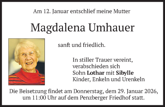 Traueranzeige von Magdalena Umhauer von merkurtz