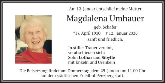 Traueranzeige von Magdalena Umhauer von Das Gelbe Blatt Penzberg