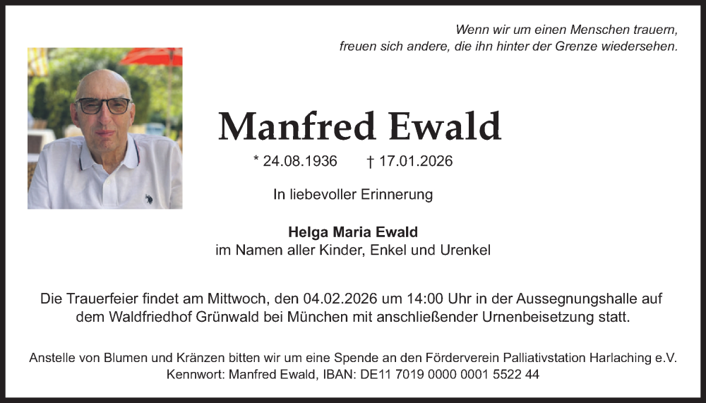  Traueranzeige für Manfred Ewald vom 31.01.2026 aus merkurtz