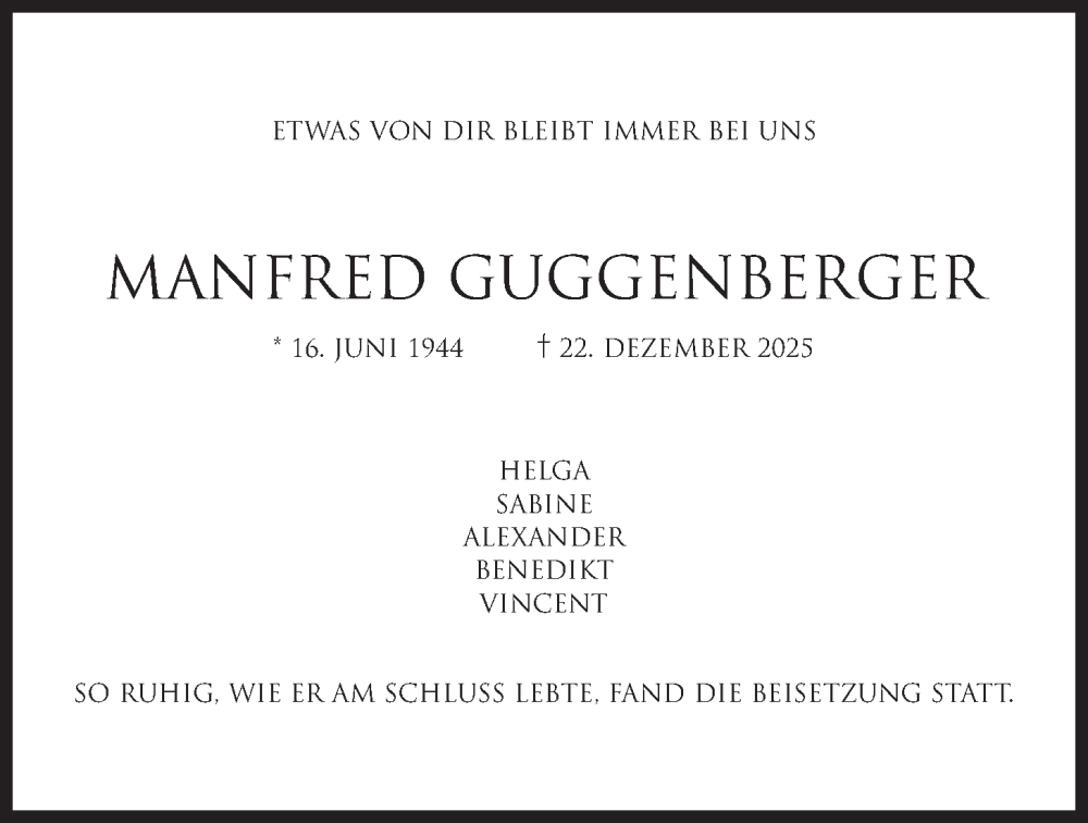  Traueranzeige für Manfred Guggenberger vom 24.01.2026 aus merkurtz