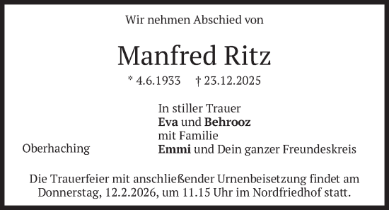 Traueranzeige von Manfred Ritz von merkurtz