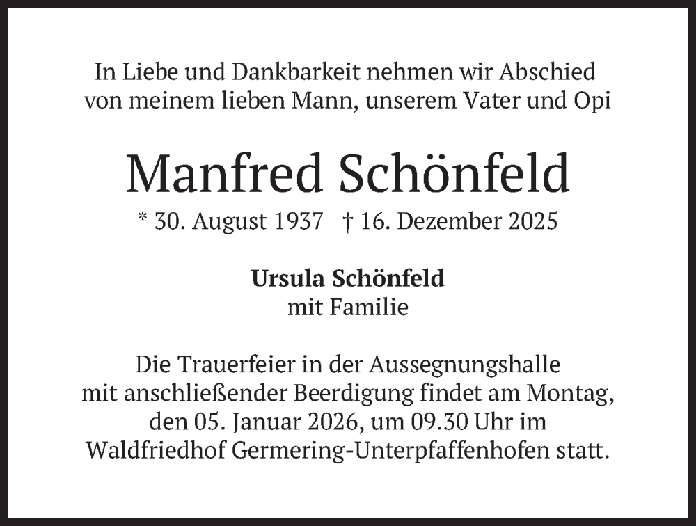  Traueranzeige für Manfred Schönfeld vom 03.01.2026 aus merkurtz