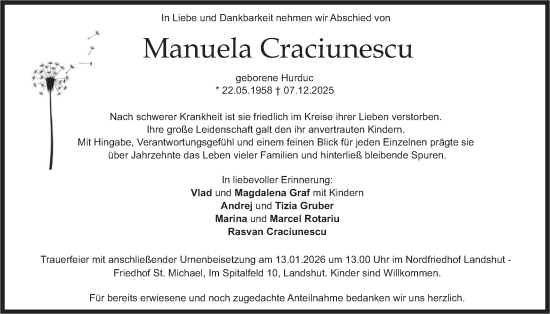 Traueranzeige von Manuela Craciunescu von merkurtz