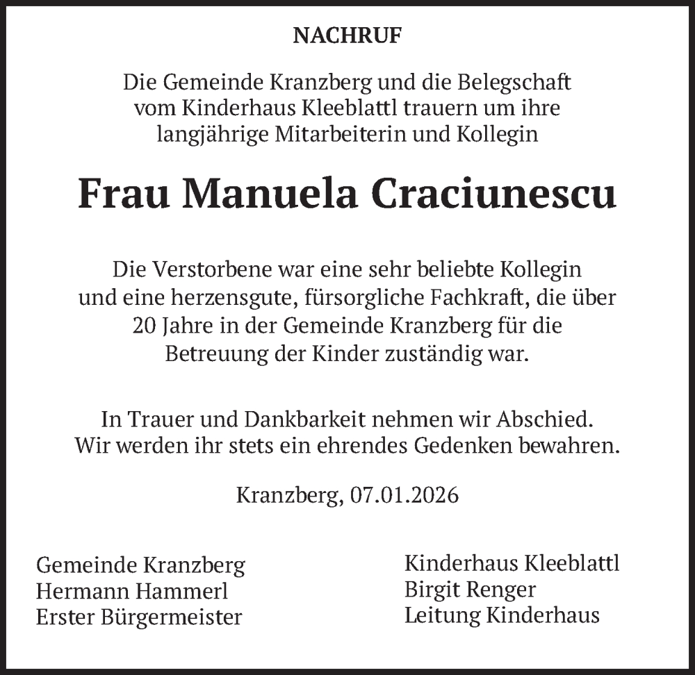  Traueranzeige für Manuela Craciunescu vom 10.01.2026 aus merkurtz