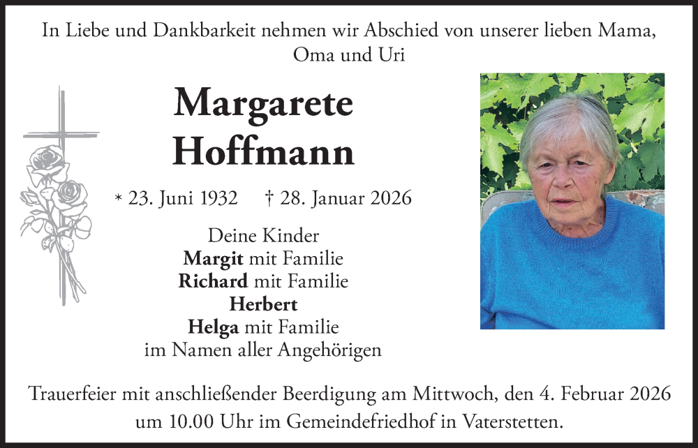  Traueranzeige für Margarete Hoffmann vom 31.01.2026 aus merkurtz