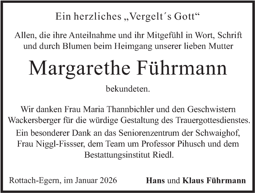  Traueranzeige für Margarethe Führmann vom 24.01.2026 aus merkurtz