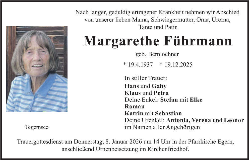  Traueranzeige für Margarethe Führmann vom 03.01.2026 aus merkurtz
