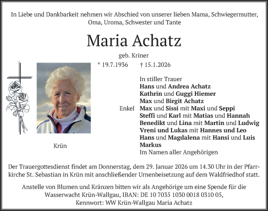 Traueranzeige von Maria Achatz von merkurtz