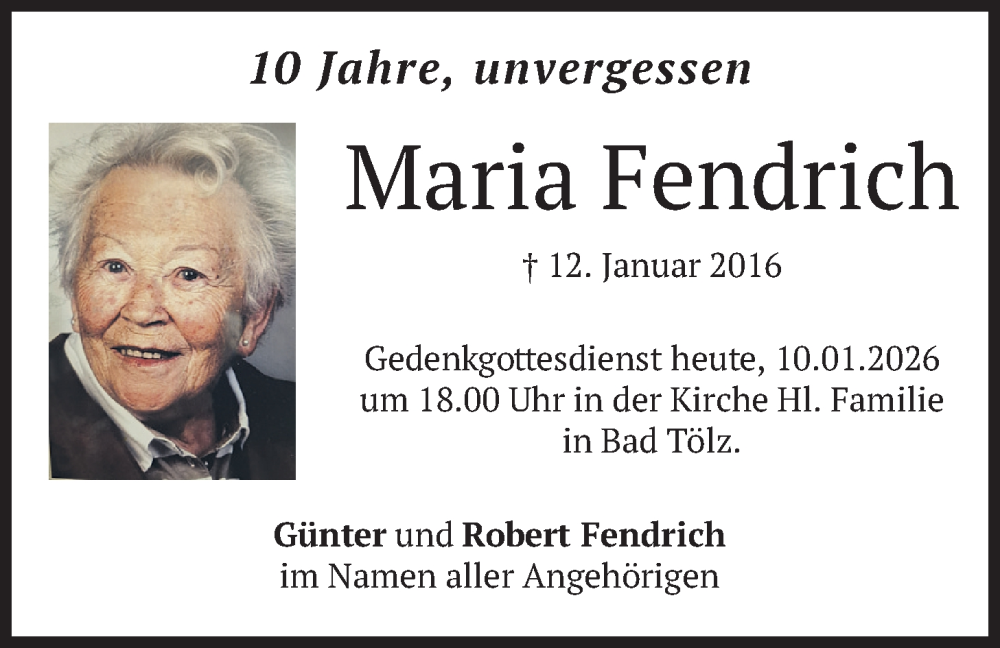  Traueranzeige für Maria Fendrich vom 10.01.2026 aus merkurtz