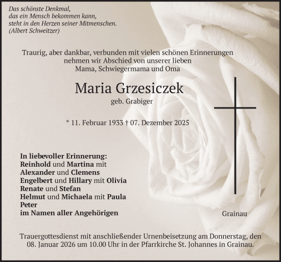 Traueranzeige von Maria Grzesiczek von merkurtz