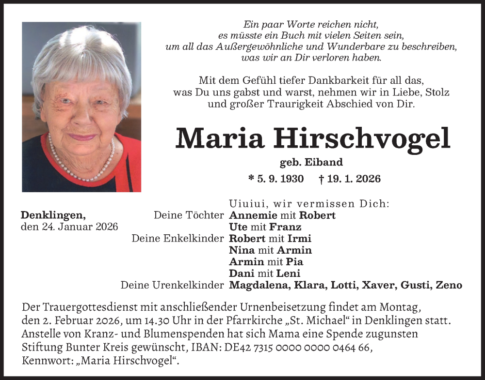  Traueranzeige für Maria Hirschvogel vom 24.01.2026 aus merkurtz