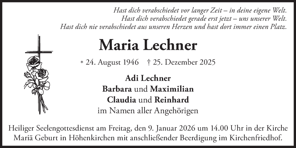  Traueranzeige für Maria Lechner vom 05.01.2026 aus merkurtz