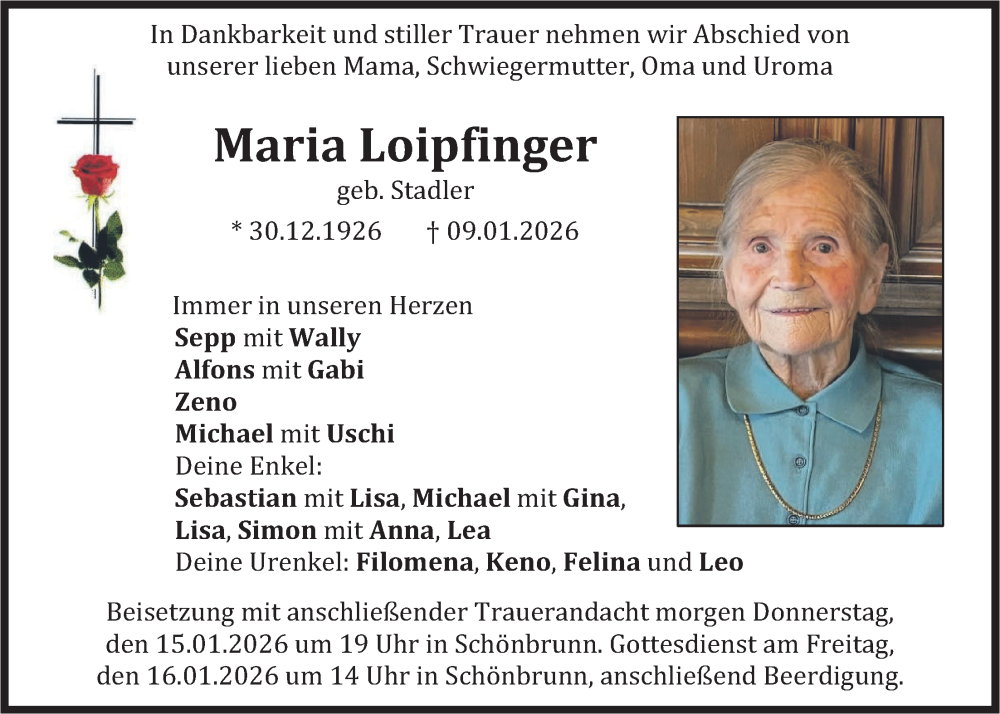  Traueranzeige für Maria Loipfinger vom 14.01.2026 aus merkurtz