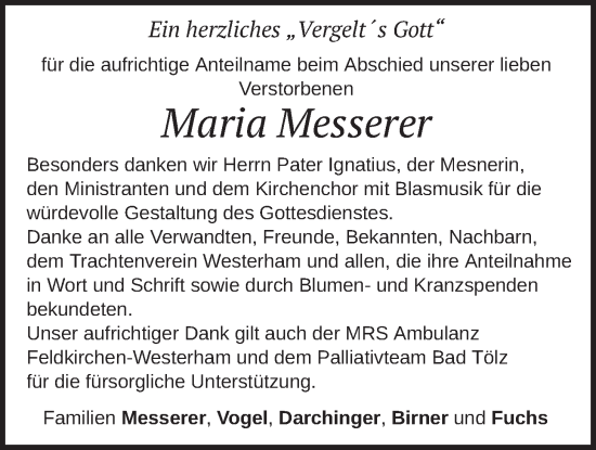 Traueranzeige von Maria Messerer von merkurtz