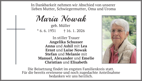 Traueranzeige von Maria Nowak von merkurtz