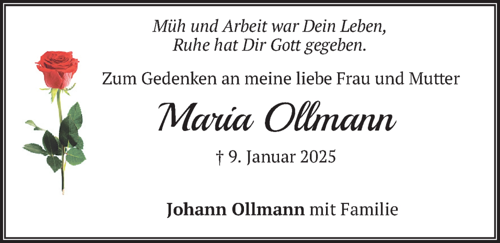  Traueranzeige für Maria Ollmann vom 09.01.2026 aus merkurtz