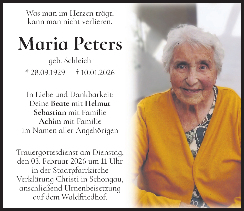  Traueranzeige für Maria Peters vom 30.01.2026 aus merkurtz