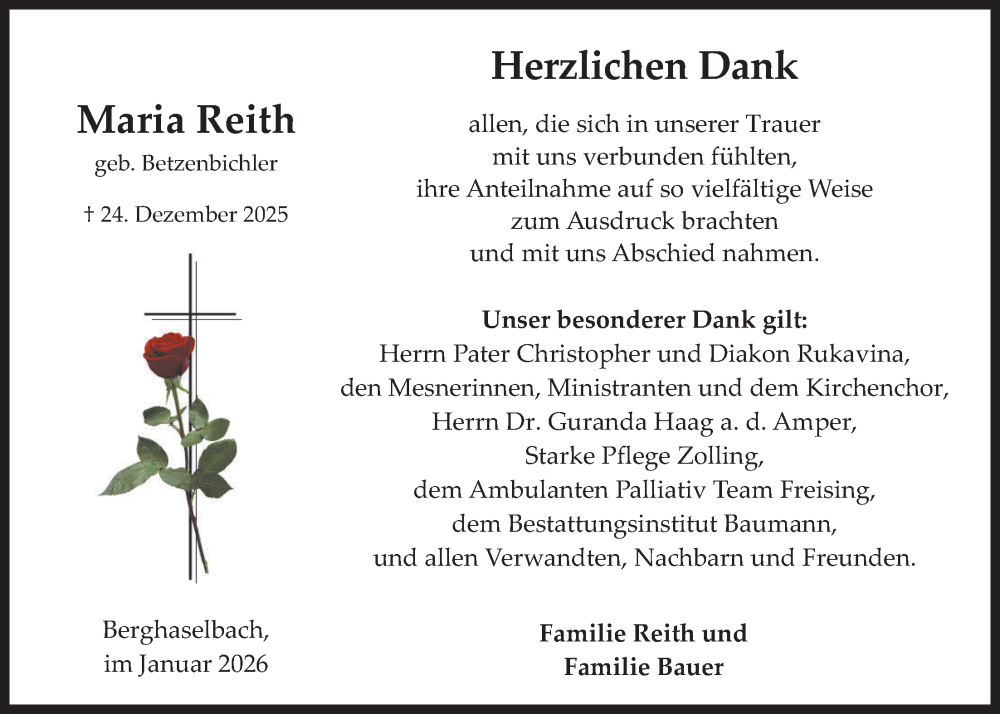  Traueranzeige für Maria Reith vom 17.01.2026 aus merkurtz