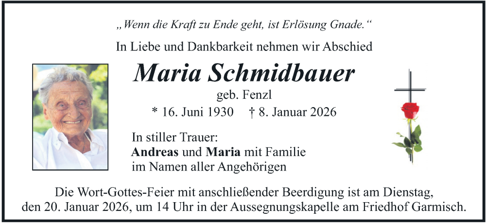  Traueranzeige für Maria Schmidbauer vom 17.01.2026 aus merkurtz