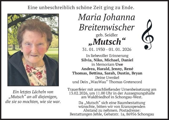 Traueranzeige von Maria Johanna Breitenwischer von merkurtz