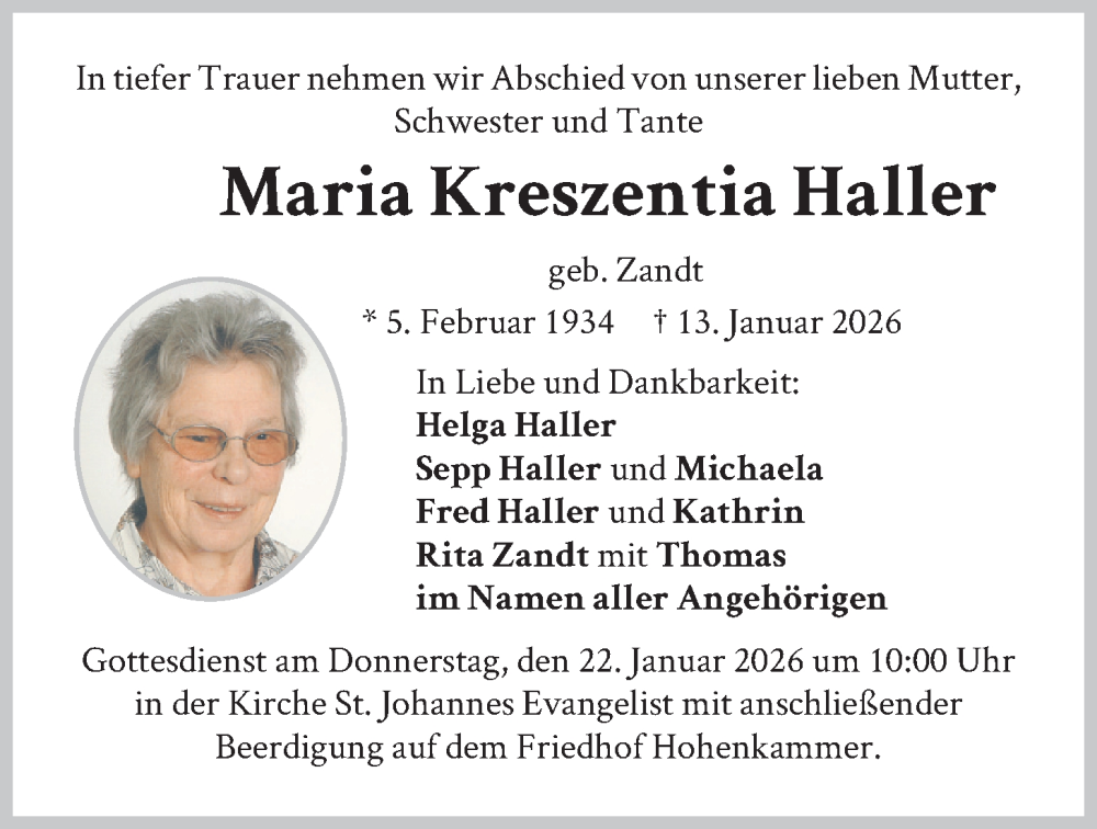  Traueranzeige für Maria Kreszentia Haller vom 21.01.2026 aus merkurtz