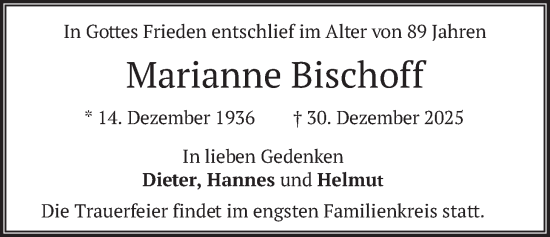 Traueranzeige von Marianne Bischoff von merkurtz
