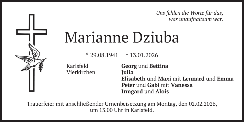  Traueranzeige für Marianne Dziuba vom 29.01.2026 aus merkurtz
