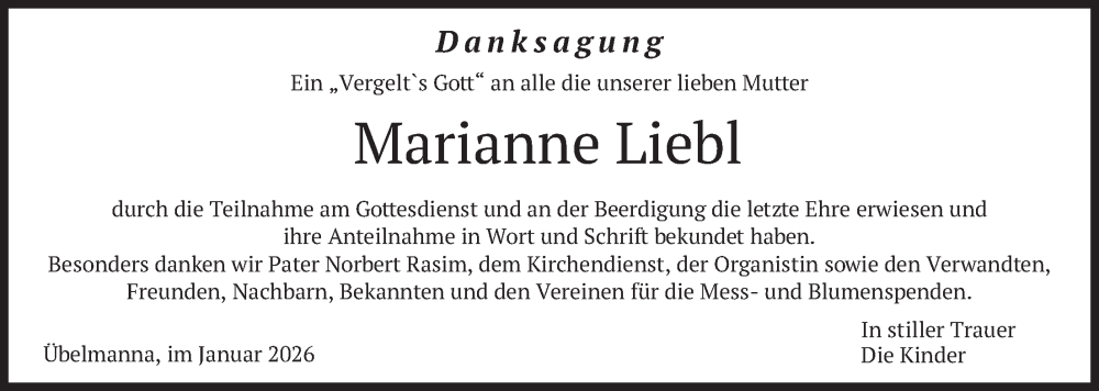  Traueranzeige für Marianne Liebl vom 24.01.2026 aus merkurtz