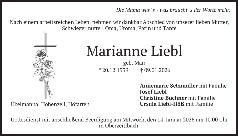  Traueranzeige für Marianne Liebl vom 13.01.2026 aus merkurtz
