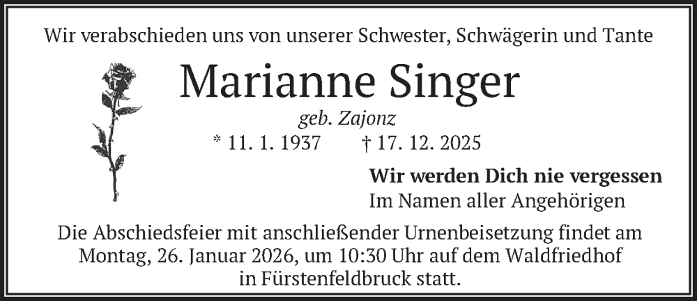  Traueranzeige für Marianne Singer vom 17.01.2026 aus merkurtz