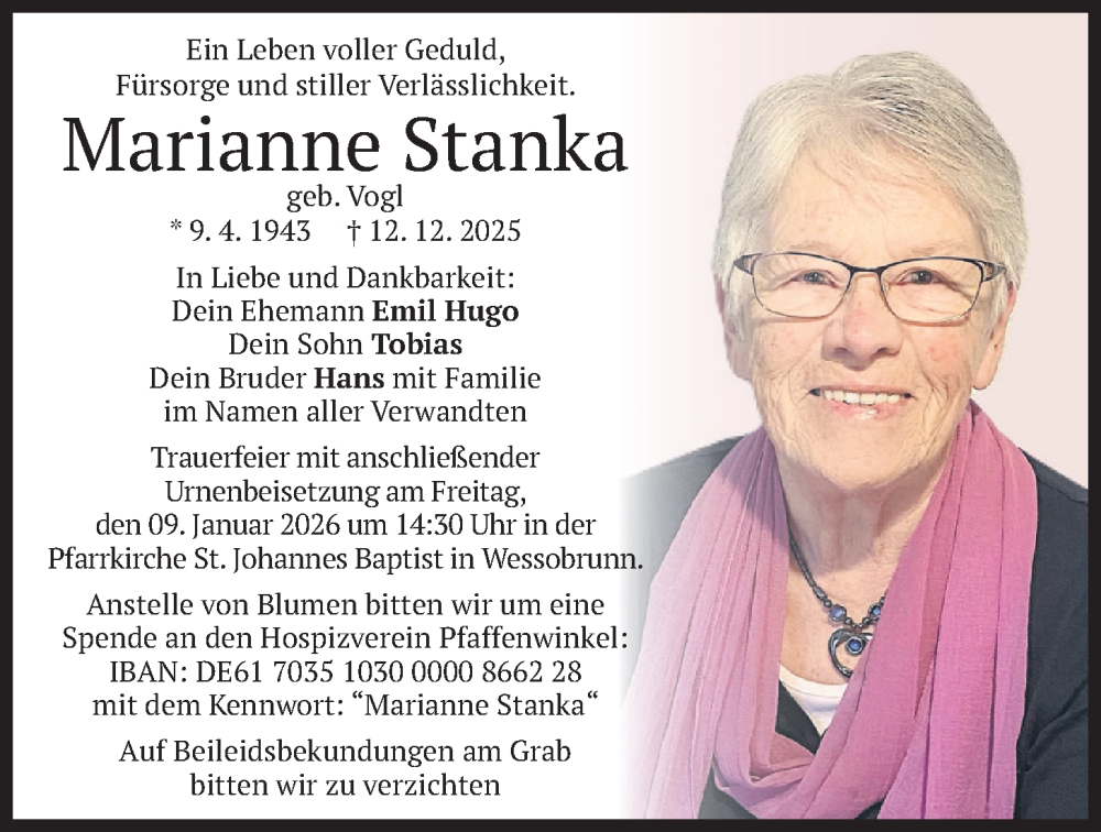  Traueranzeige für Marianne Stanka vom 03.01.2026 aus merkurtz