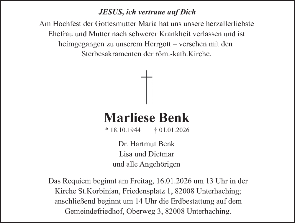  Traueranzeige für Marliese Benk vom 13.01.2026 aus merkurtz