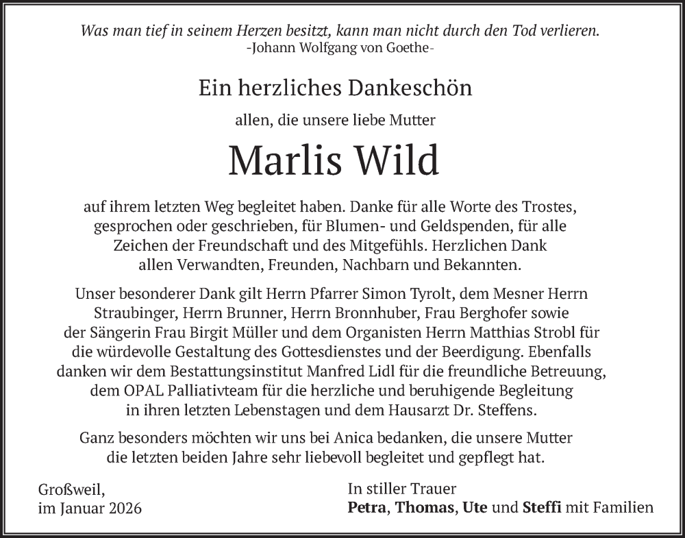  Traueranzeige für Marlis Wild vom 31.01.2026 aus merkurtz