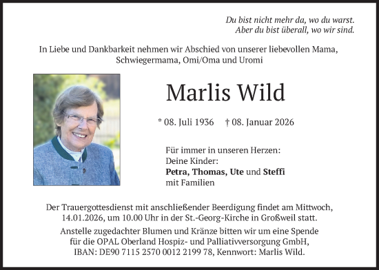 Traueranzeige von Marlis Wild von merkurtz