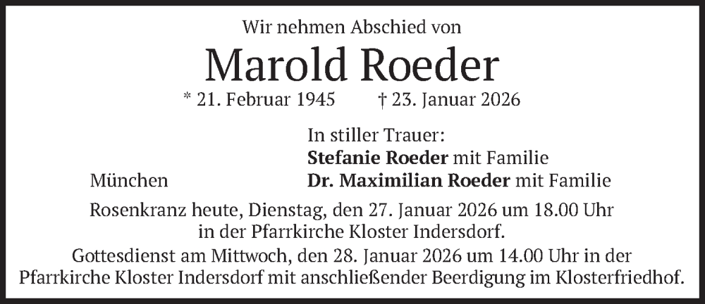  Traueranzeige für Marold Roeder vom 27.01.2026 aus merkurtz