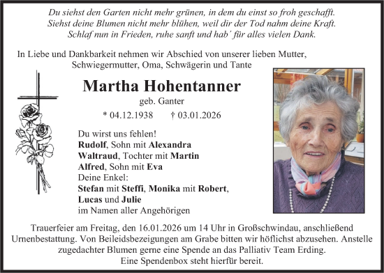 Traueranzeige von Martha Hohentanner von merkurtz