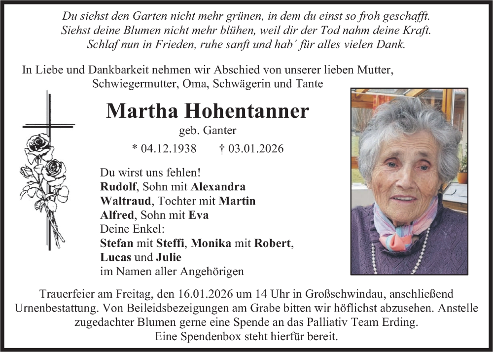  Traueranzeige für Martha Hohentanner vom 13.01.2026 aus merkurtz