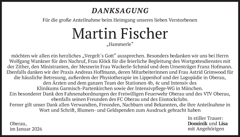  Traueranzeige für Martin Fischer vom 24.01.2026 aus merkurtz