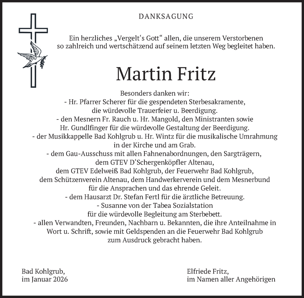  Traueranzeige für Martin Fritz vom 31.01.2026 aus merkurtz