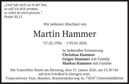 Traueranzeige von Martin Hammer von merkurtz