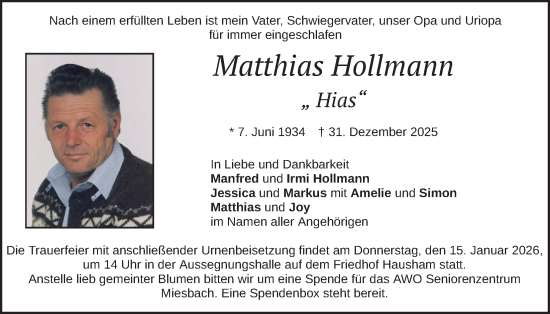 Traueranzeige von Matthias Hollmann von merkurtz