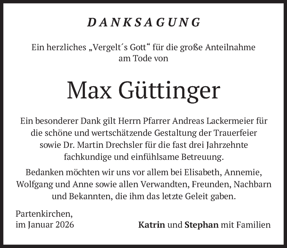  Traueranzeige für Max Güttinger vom 31.01.2026 aus merkurtz