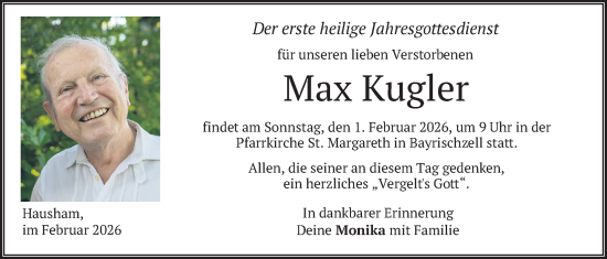 Traueranzeige von Max Kugler von merkurtz