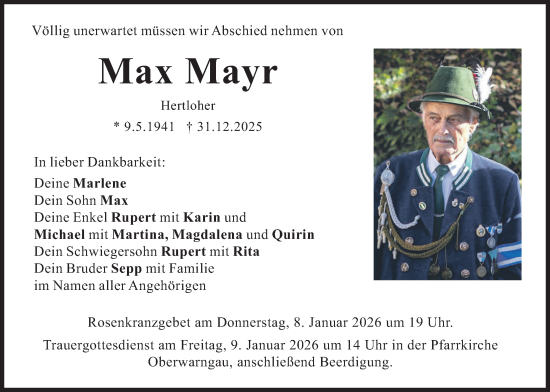 Traueranzeige von Max Mayr von merkurtz