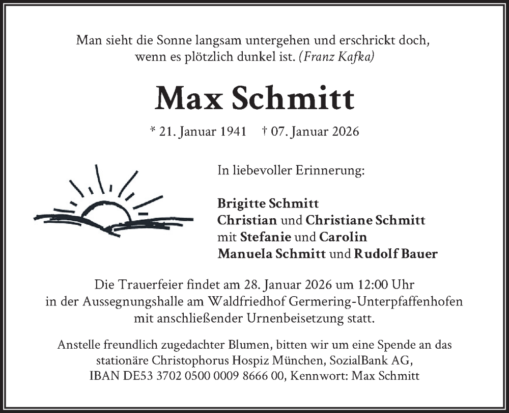  Traueranzeige für Max Schmitt vom 24.01.2026 aus merkurtz